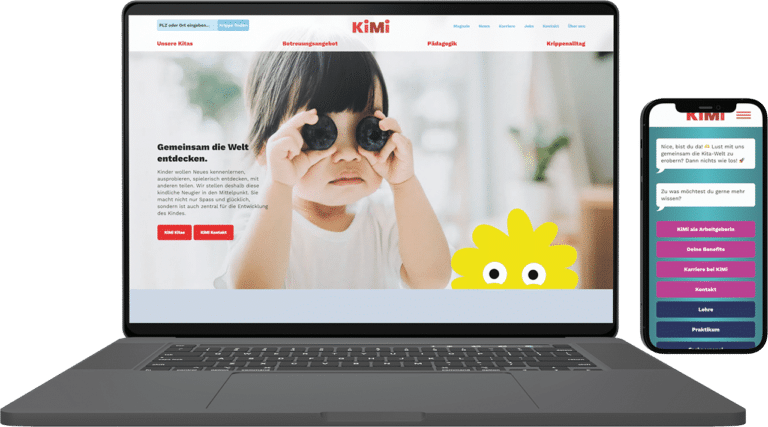 Screenshot auf Laptop-Bildschirm der Startseite der KiMi Krippen Website.