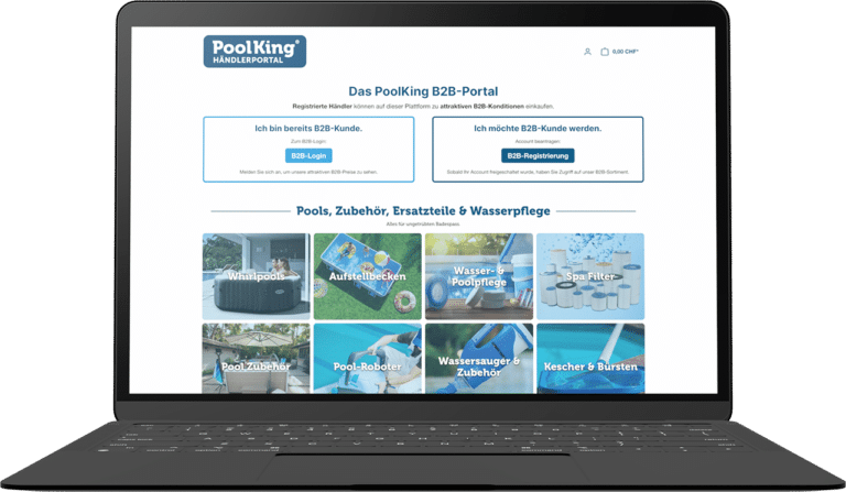 Screenshot auf Laptop-Bildschirm der Startseite des PoolKing B2B Online Shops.