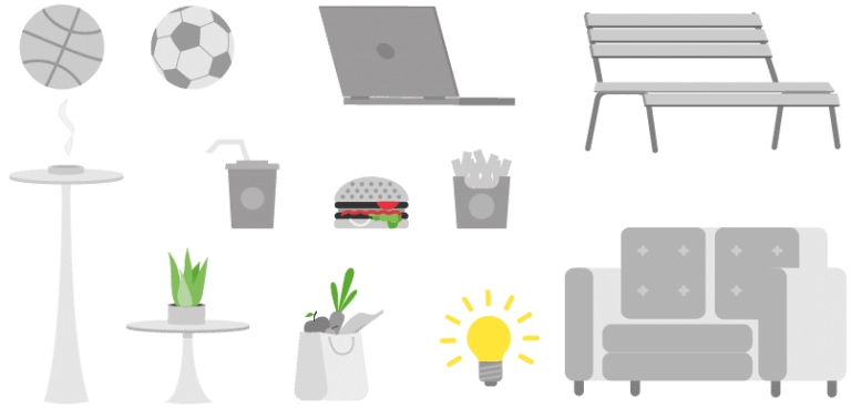 Beispiele von Illustrationen wie z.B. Basketball, Fussball, Laptop, Sitzbank, Couch, Hamburger Pommes, Glühbirne.
