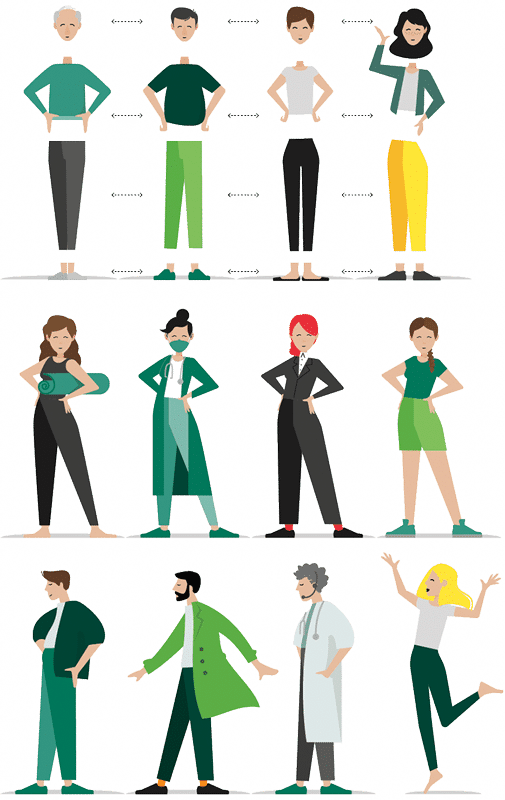 Verschiedene Illustrationen von Charakteren, welche in verschiedenen Kanälen von Sanitas zum Einsatz kommen.