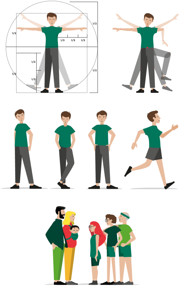 Verschiedene Illustrationen welche Menschen in Bewegung zeigen.